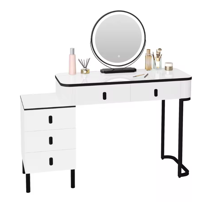 Moderne Kaptafel met LED Spiegel en Kruk – Flexibele Opstelling en Ruime Opbergruimte