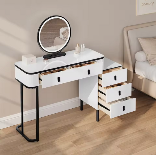 Moderne Kaptafel met LED Spiegel en Kruk – Flexibele Opstelling en Ruime Opbergruimte