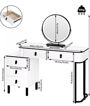 Moderne Kaptafel met LED Spiegel en Kruk – Flexibele Opstelling en Ruime Opbergruimte