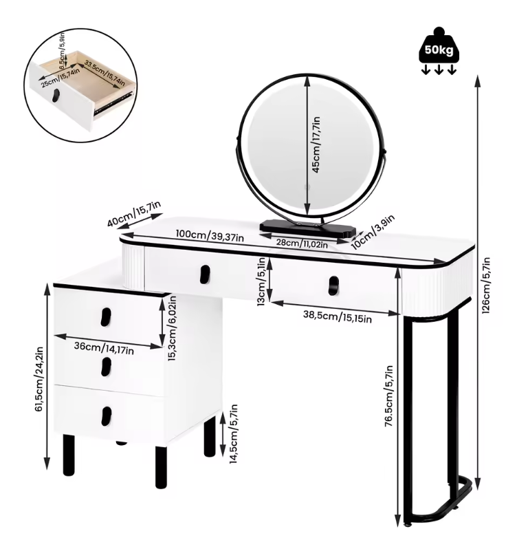 Moderne Kaptafel met LED Spiegel en Kruk – Flexibele Opstelling en Ruime Opbergruimte