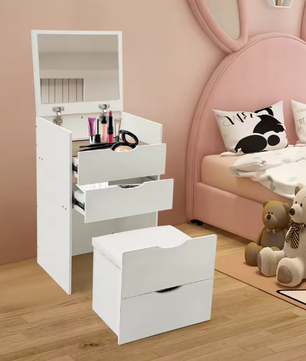3-in-1 Kaptafel met Opklapbare Spiegel en Verborgen Kruk – Compact, Modern en Ruimtebesparend