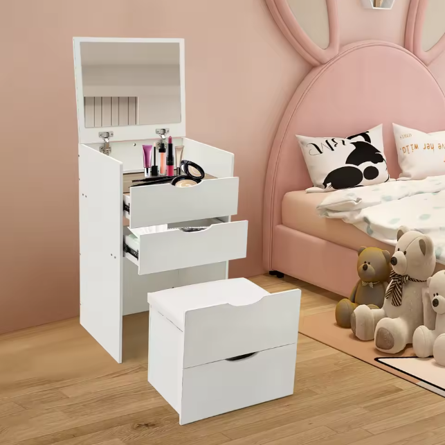 3-in-1 Kaptafel met Opklapbare Spiegel en Verborgen Kruk – Compact, Modern en Ruimtebesparend