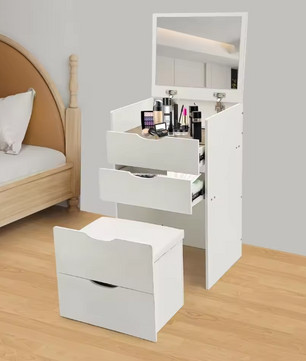 3-in-1 Kaptafel met Opklapbare Spiegel en Verborgen Kruk – Compact, Modern en Ruimtebesparend