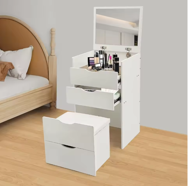 3-in-1 Kaptafel met Opklapbare Spiegel en Verborgen Kruk – Compact, Modern en Ruimtebesparend