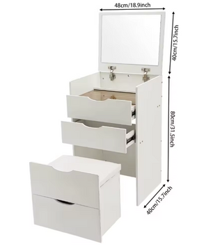 3-in-1 Kaptafel met Opklapbare Spiegel en Verborgen Kruk – Compact, Modern en Ruimtebesparend