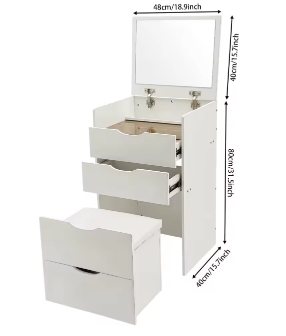 3-in-1 Kaptafel met Opklapbare Spiegel en Verborgen Kruk – Compact, Modern en Ruimtebesparend