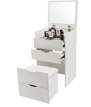 3-in-1 Kaptafel met Opklapbare Spiegel en Verborgen Kruk – Compact, Modern en Ruimtebesparend