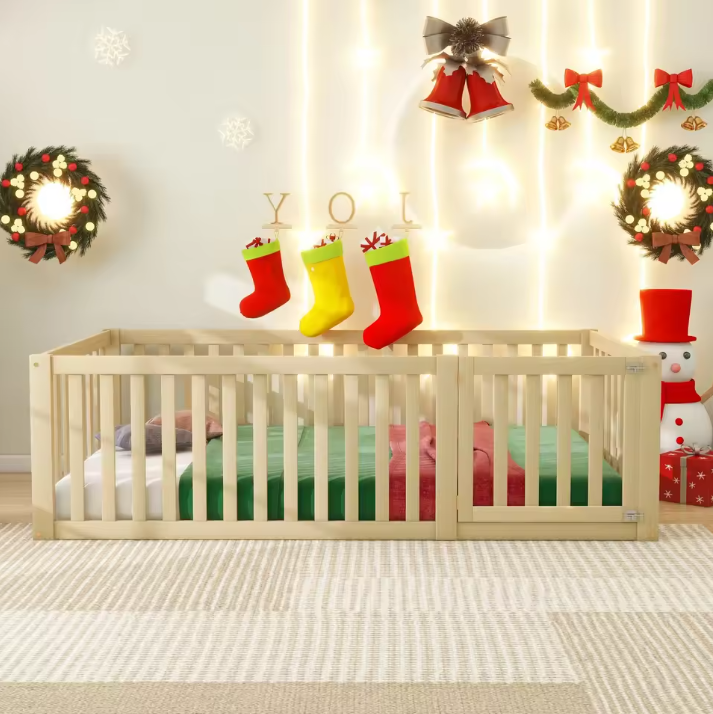 Kinderbed 90 × 200 cm – Houten Vloerbed met Hek en Deur, Veilig en Speels Ontwerp