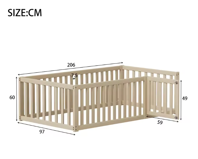 Kinderbed 90 × 200 cm – Houten Vloerbed met Hek en Deur, Veilig en Speels Ontwerp