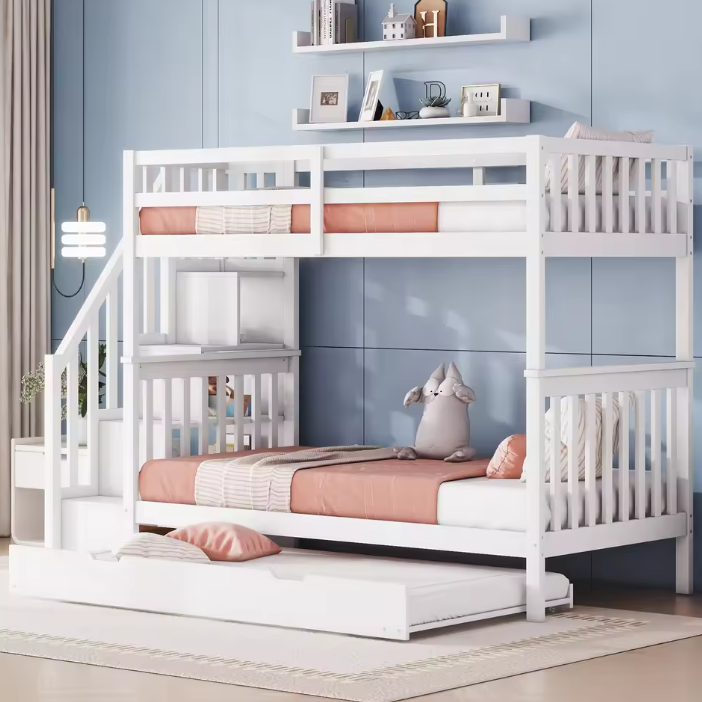 Stapelbed 90 × 200 cm met Traprek en Uitschuifbaar Onderschuifbed – Veilig Kinderbed met Hoge Reling