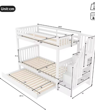 Stapelbed 90 × 200 cm met Traprek en Uitschuifbaar Onderschuifbed – Veilig Kinderbed met Hoge Reling