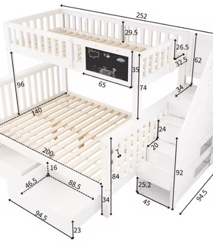 Kinderstapelbed met Tafel en Lades – Multifunctioneel Tweepersoonsbed 90 × 200 + 140 × 200 cm