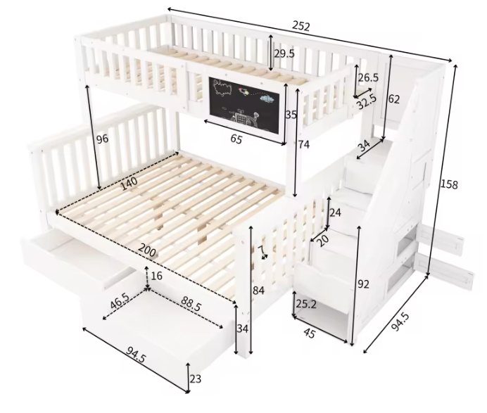 Kinderstapelbed met Tafel en Lades – Multifunctioneel Tweepersoonsbed 90 × 200 + 140 × 200 cm