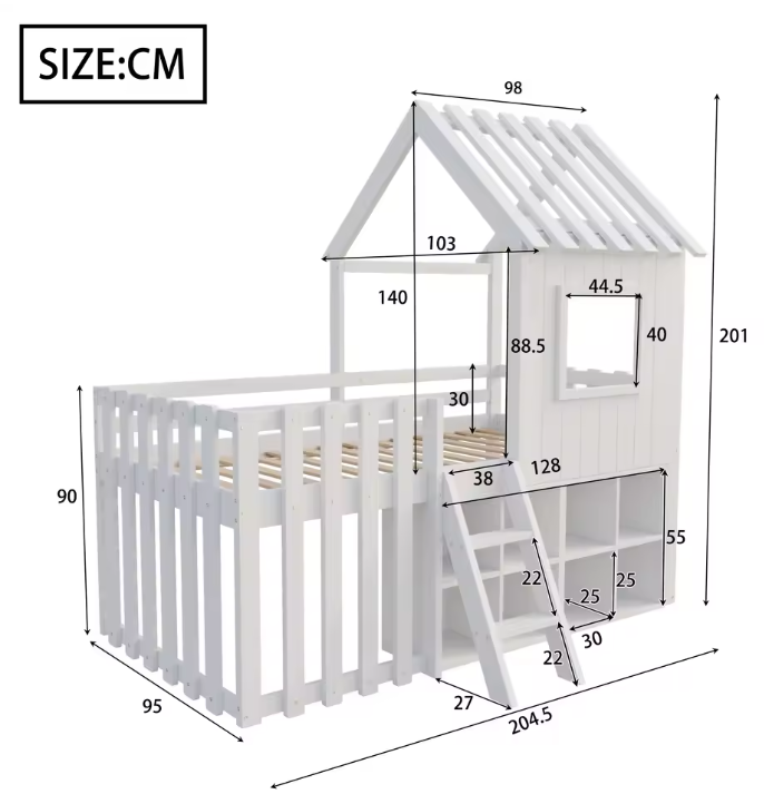 Kinder Huisbed 90 × 200 cm met Dak, Raam en Klimladder – Massief Houten Kinderbed met Opbergruimte