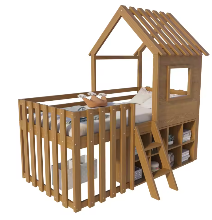 Kinder Huisbed 90 × 200 cm met Dak, Raam en Klimladder – Massief Houten Kinderbed met Opbergruimte