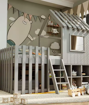 Kinder Huisbed 90 × 200 cm met Dak, Raam en Klimladder – Massief Houten Kinderbed met Opbergruimte