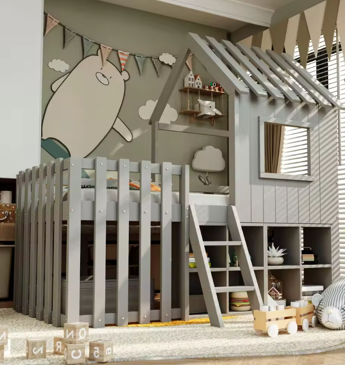 Kinder Huisbed 90 × 200 cm met Dak, Raam en Klimladder – Massief Houten Kinderbed met Opbergruimte