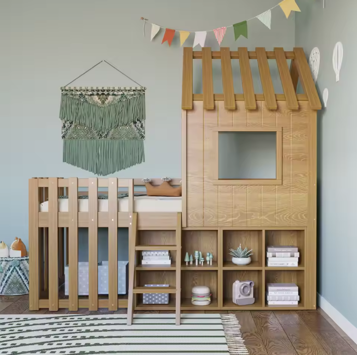 Kinder Huisbed 90 × 200 cm met Dak, Raam en Klimladder – Massief Houten Kinderbed met Opbergruimte
