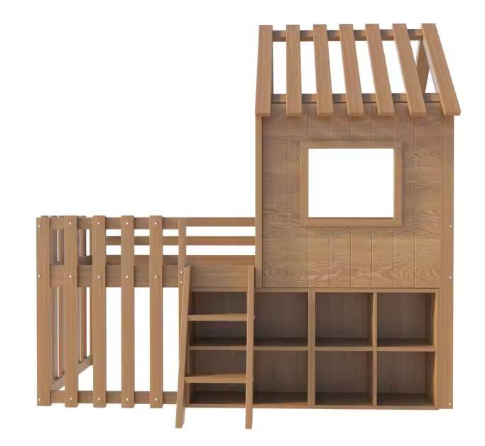 Kinder Huisbed 90 × 200 cm met Dak, Raam en Klimladder – Massief Houten Kinderbed met Opbergruimte