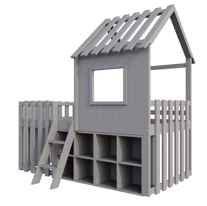 Kinder Huisbed 90 × 200 cm met Dak, Raam en Klimladder – Massief Houten Kinderbed met Opbergruimte