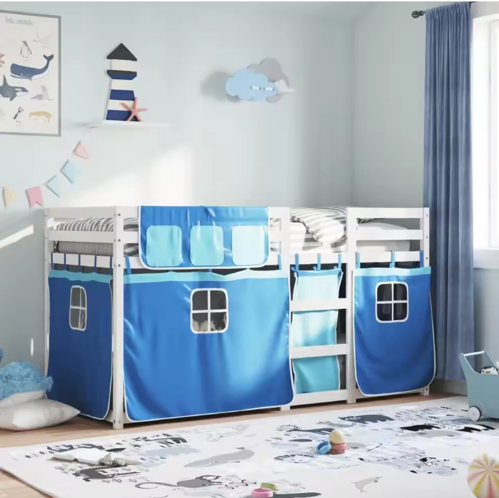 Stapelbed 80 × 200 cm met Gordijnen – Massief Grenenhouten Kinderbed