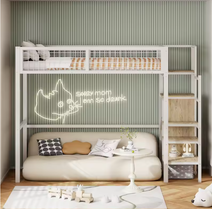 Stapelbed 90 × 200 / 140 × 200 cm met Ladder en Opbergplank – Ruimtebesparend Kinderbed met Metalen Frame