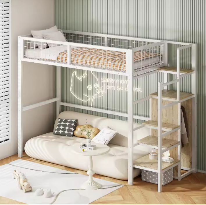 Stapelbed 90 × 200 / 140 × 200 cm met Ladder en Opbergplank – Ruimtebesparend Kinderbed met Metalen Frame