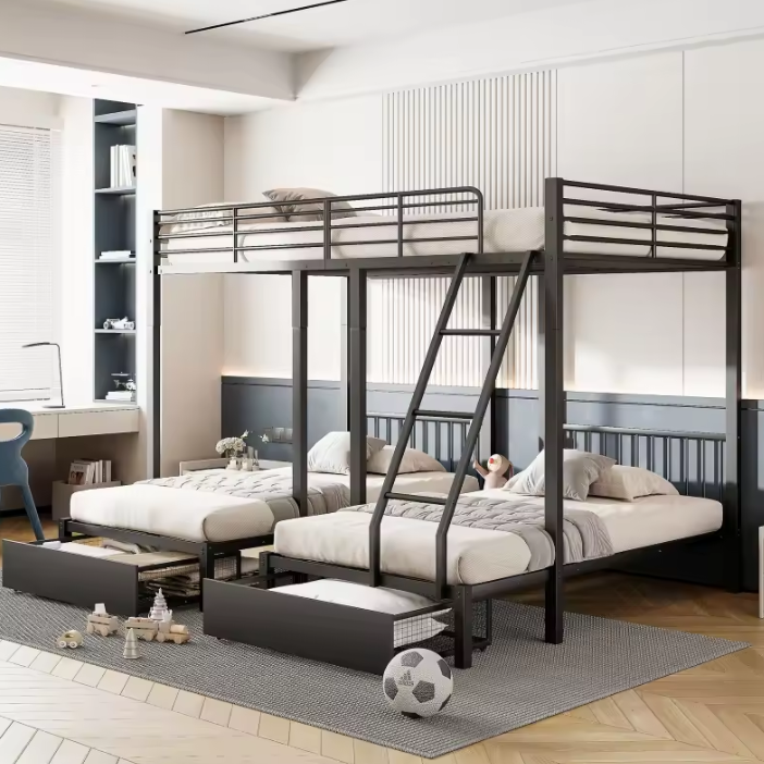 Driepersoons Stapelbed met Lades – Metalen Bedframe, Converteerbaar en Ruimtebesparend