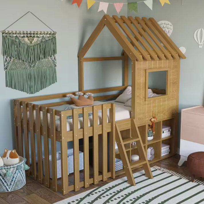 Kinderhuisbed 90 × 200 cm met Dak, Raam, Open Opbergruimte en Klimladder – Massief Houten Kinderstapelbed
