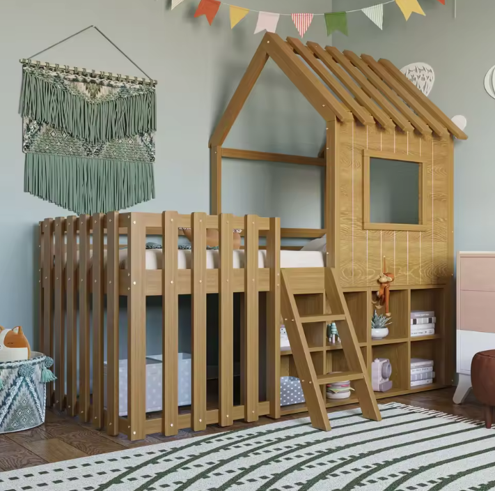 Kinderhuisbed 90 × 200 cm met Dak, Raam, Open Opbergruimte en Klimladder – Massief Houten Kinderstapelbed