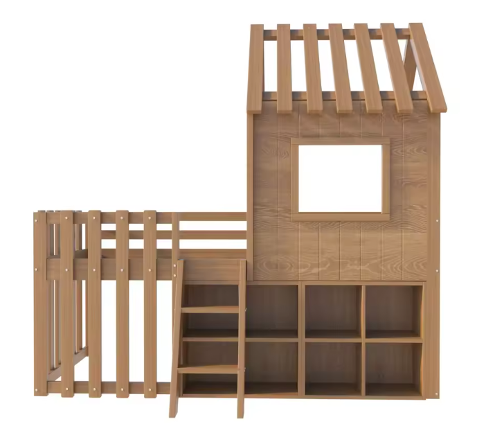 Kinderhuisbed 90 × 200 cm met Dak, Raam, Open Opbergruimte en Klimladder – Massief Houten Kinderstapelbed