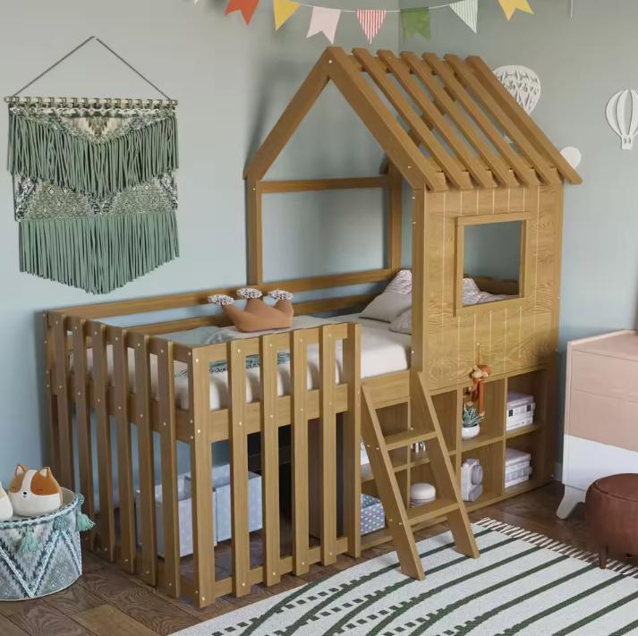 Kinderhuisbed 90 × 200 cm met Dak, Raam, Open Opbergruimte en Klimladder – Massief Houten Kinderstapelbed