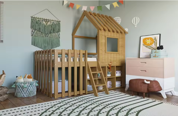 Kinderhuisbed 90 × 200 cm met Dak, Raam, Open Opbergruimte en Klimladder – Massief Houten Kinderstapelbed