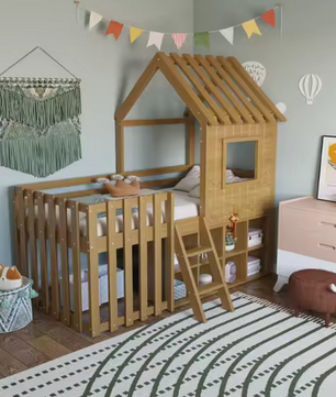 Kinderhuisbed 90 × 200 cm met Dak, Raam, Open Opbergruimte en Klimladder – Massief Houten Kinderstapelbed