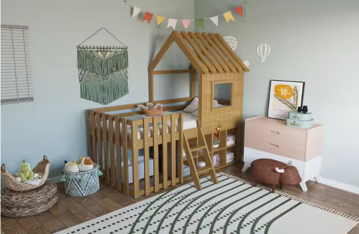 Kinderhuisbed 90 × 200 cm met Dak, Raam, Open Opbergruimte en Klimladder – Massief Houten Kinderstapelbed