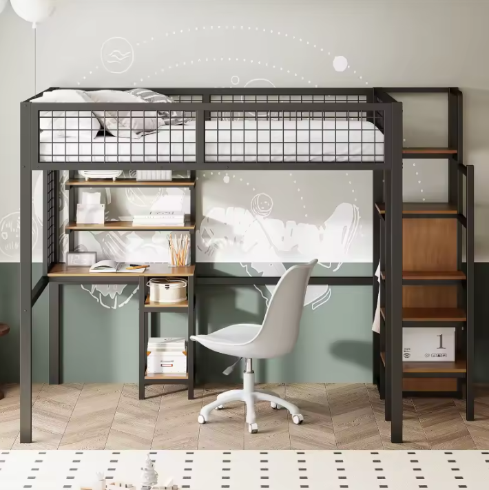 Metalen loft stapelbed met bureau en kledingkast 90x200 / 140x200