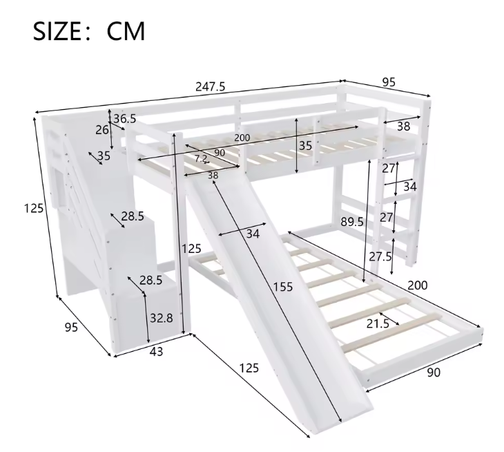 Stapelbed met Glijbaan en Ladder 90 × 200 cm – Mezzanine Kinderbed met Valbeveiliging