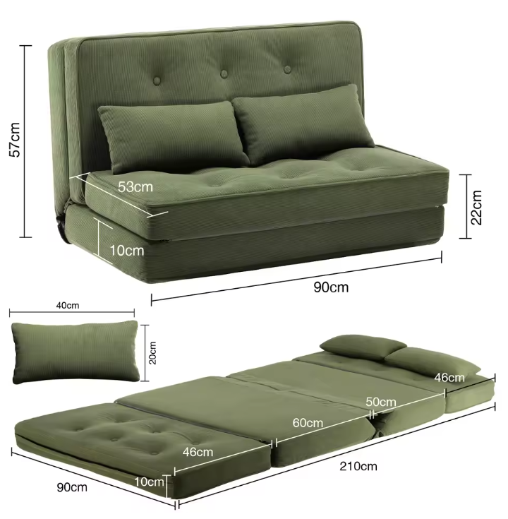 Kleine 2-zits Slaapbank – Mini Sofa met 6-traps Verstelbare Rugleuning, Opvouwbaar en Ruimtebesparend