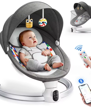 Elektrische Babyschommel met Bluetooth, Afstandsbediening en Timer – Comfortabele Babyschommelstoel Donkergrijs