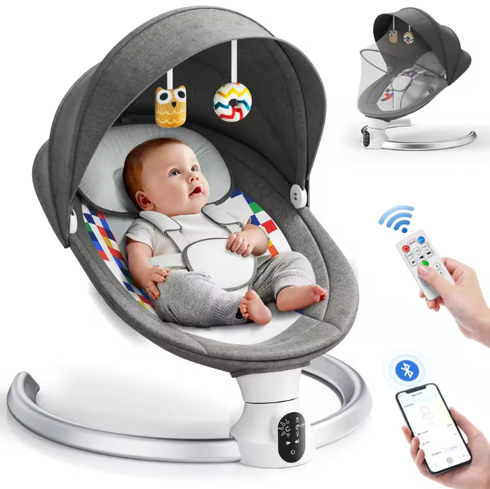 Elektrische Babyschommel met Bluetooth, Afstandsbediening en Timer – Comfortabele Babyschommelstoel Donkergrijs