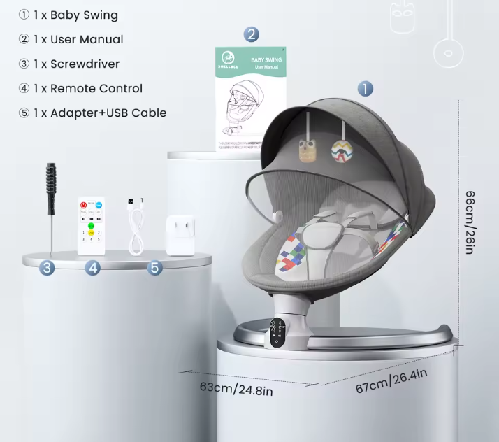 Elektrische Babyschommel met Bluetooth, Afstandsbediening en Timer – Comfortabele Babyschommelstoel Donkergrijs