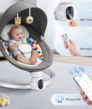Elektrische Babyschommel met Bluetooth, Afstandsbediening en Timer – Comfortabele Babyschommelstoel Donkergrijs