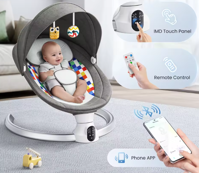 Elektrische Babyschommel met Bluetooth, Afstandsbediening en Timer – Comfortabele Babyschommelstoel Donkergrijs