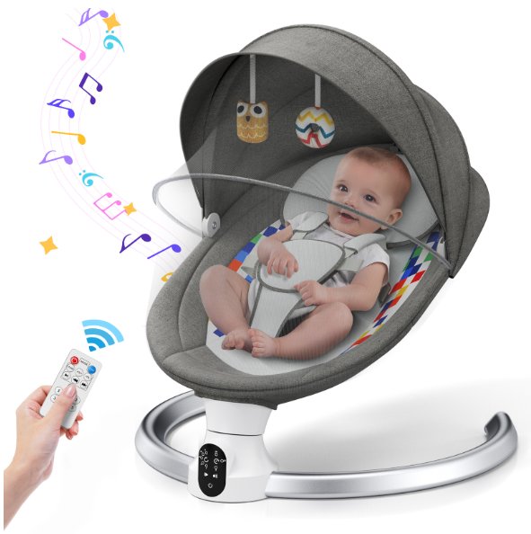 Elektrische Babyschommel met Bluetooth, Afstandsbediening en Timer – Comfortabele Babyschommelstoel Donkergrijs