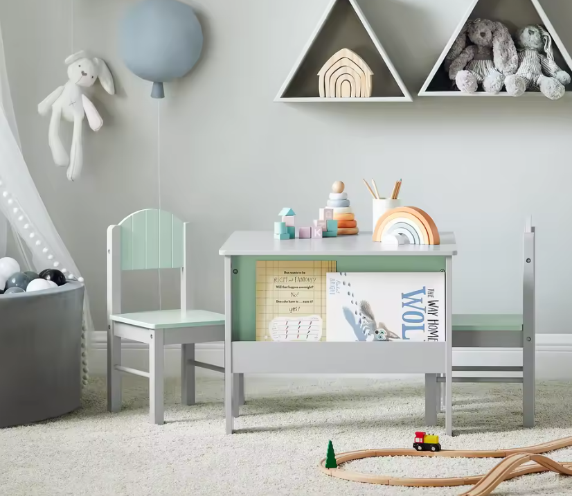 Kindertafel met Stoelen en Opbergplank – Kinderzitgroep voor Spelen en Leren, Lichtgrijs