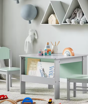 Kindertafel met Stoelen en Opbergplank – Kinderzitgroep voor Spelen en Leren, Lichtgrijs