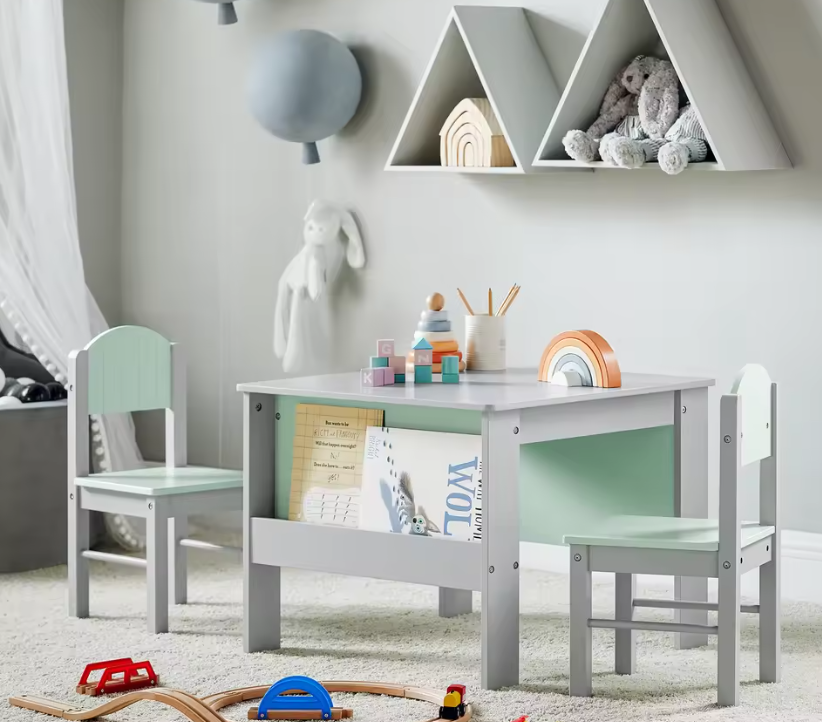 Kindertafel met Stoelen en Opbergplank – Kinderzitgroep voor Spelen en Leren, Lichtgrijs