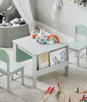 Kindertafel met Stoelen en Opbergplank – Kinderzitgroep voor Spelen en Leren, Lichtgrijs