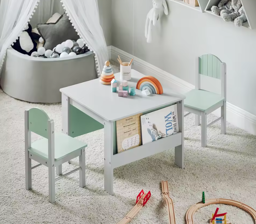 Kindertafel met Stoelen en Opbergplank – Kinderzitgroep voor Spelen en Leren, Lichtgrijs
