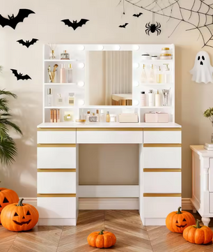Make-uptafel met Grote HD Spiegel, 10 Verstelbare LED-Lichtbollen, Ruime Lade-indeling en Open Opbergvakken